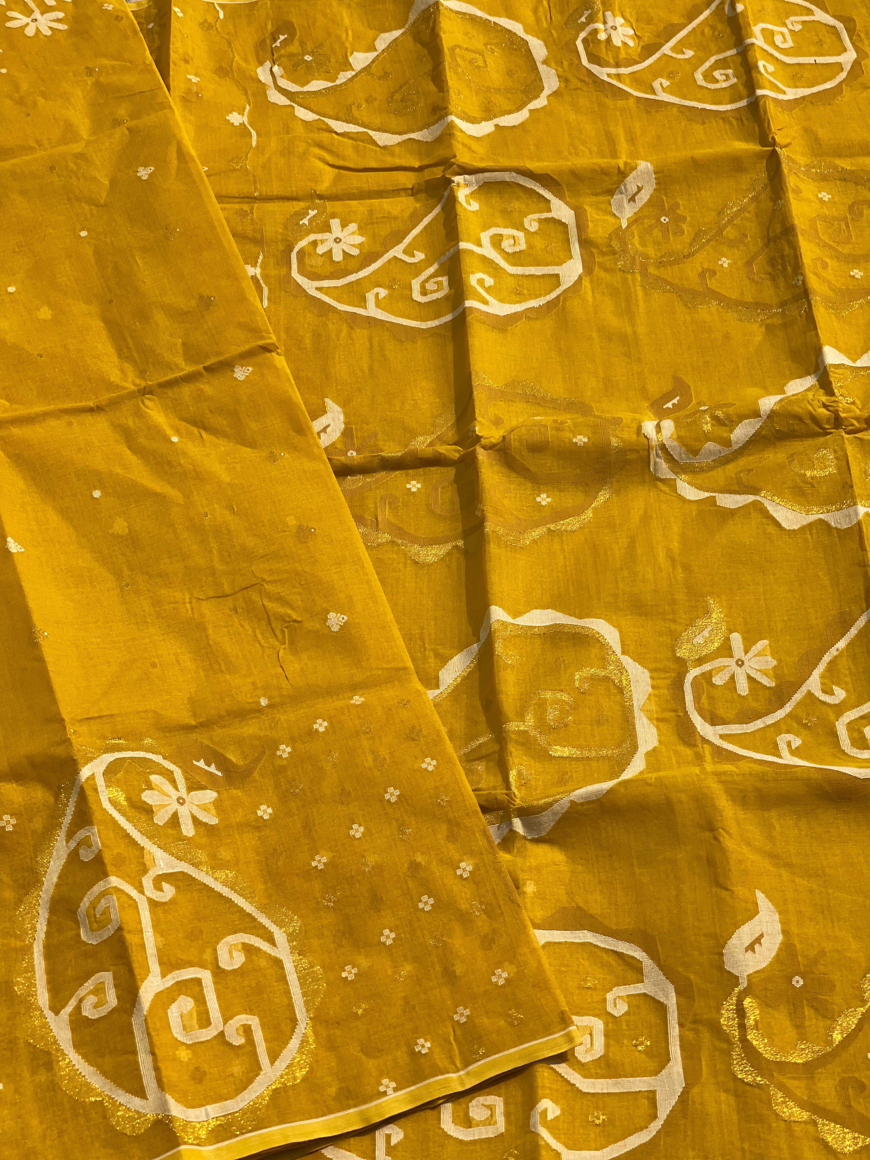 Dhaka Jamdani Cotton saree in mustard with off-white