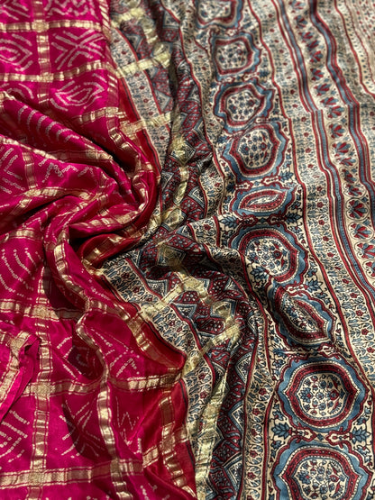 Gharchola handknotted Bhandej on pure gajji silk with handblock printed Ajrakh