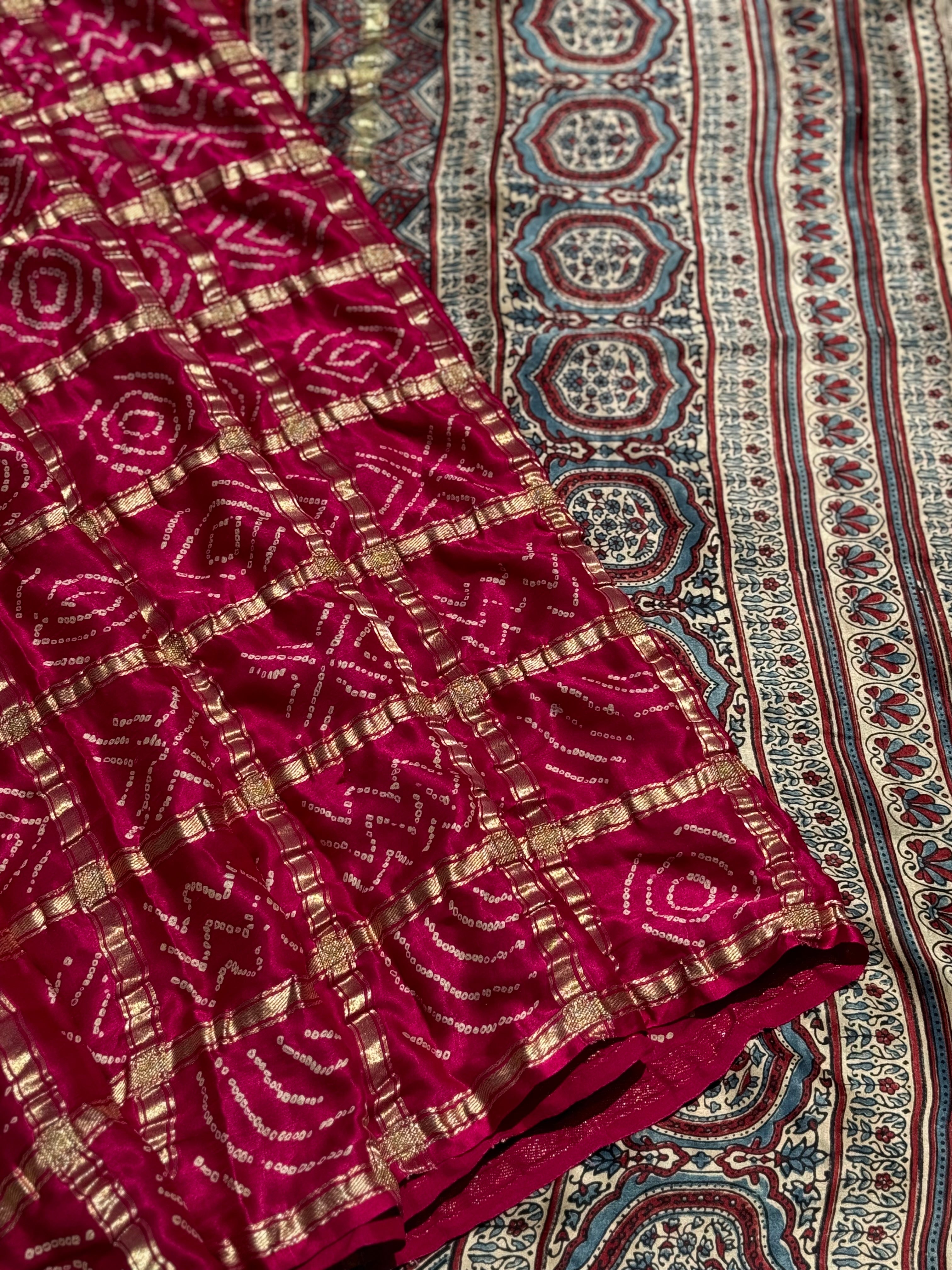 Gharchola handknotted Bhandej on pure gajji silk with handblock printed Ajrakh