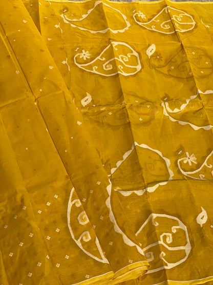 Dhaka Jamdani Cotton saree in mustard with off-white