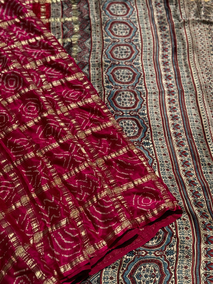 Gharchola handknotted Bhandej on pure gajji silk with handblock printed Ajrakh