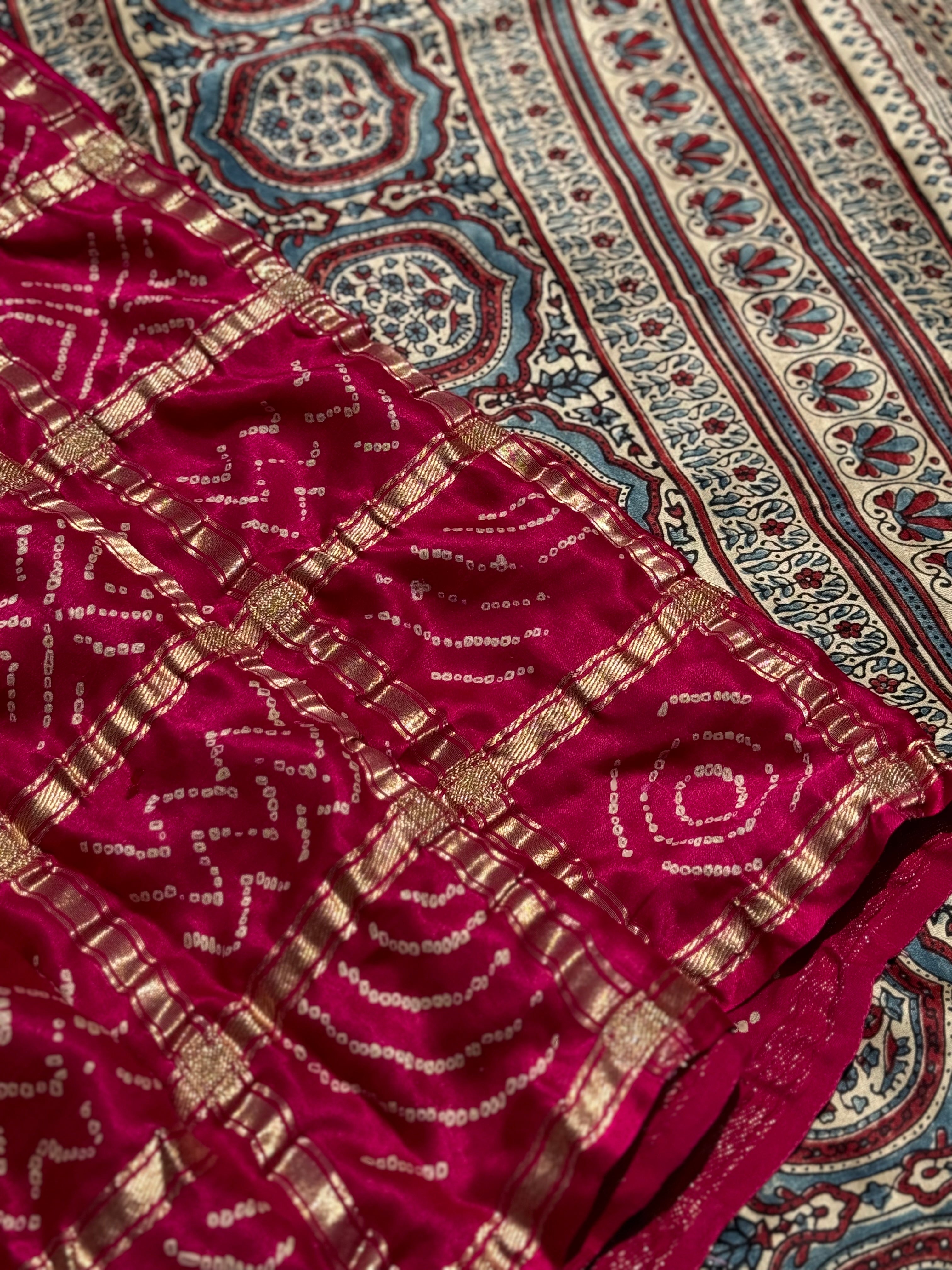 Gharchola handknotted Bhandej on pure gajji silk with handblock printed Ajrakh