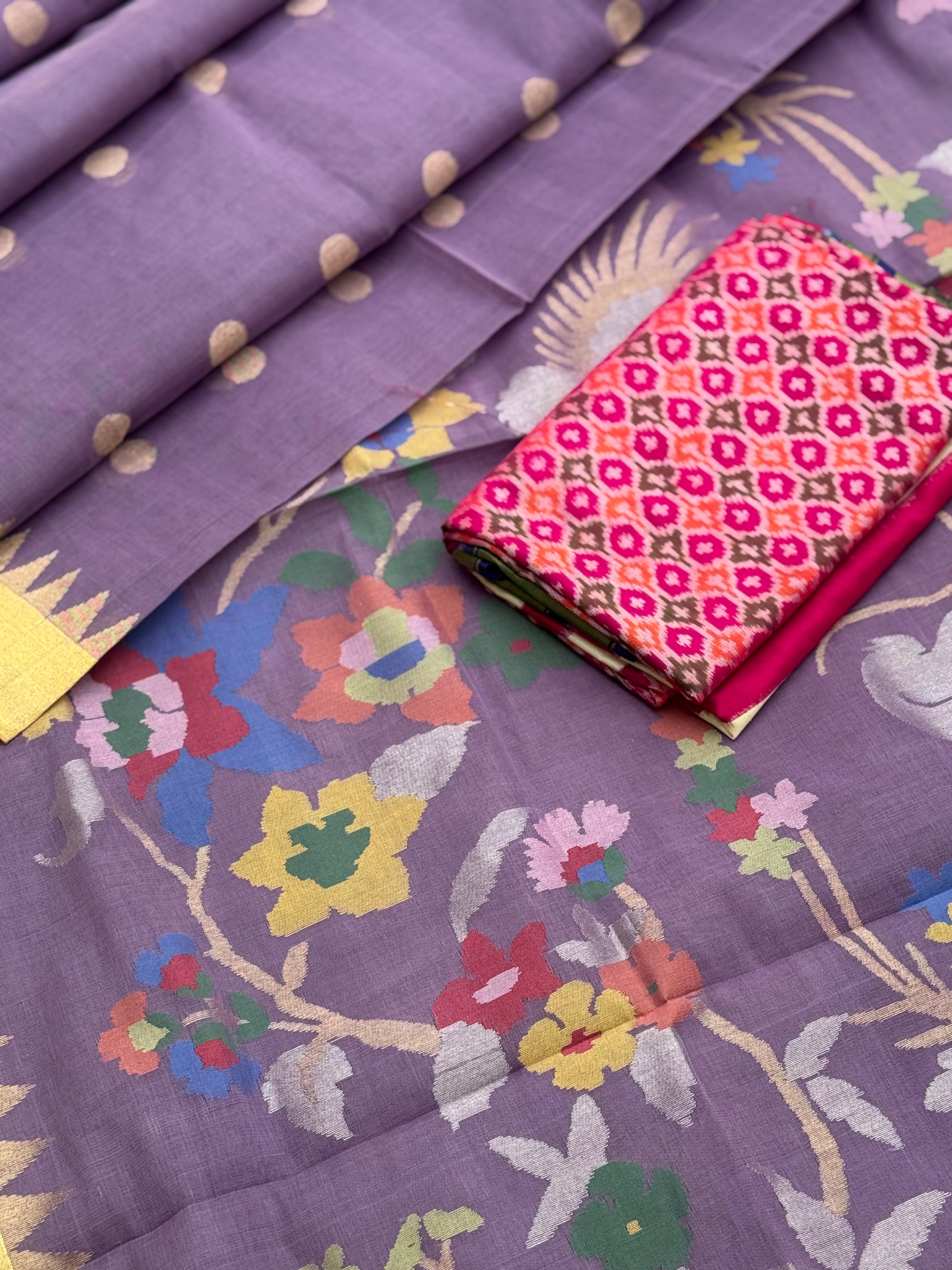 Lavender shade Ponduru cotton pallu jaal Jamdani Saree