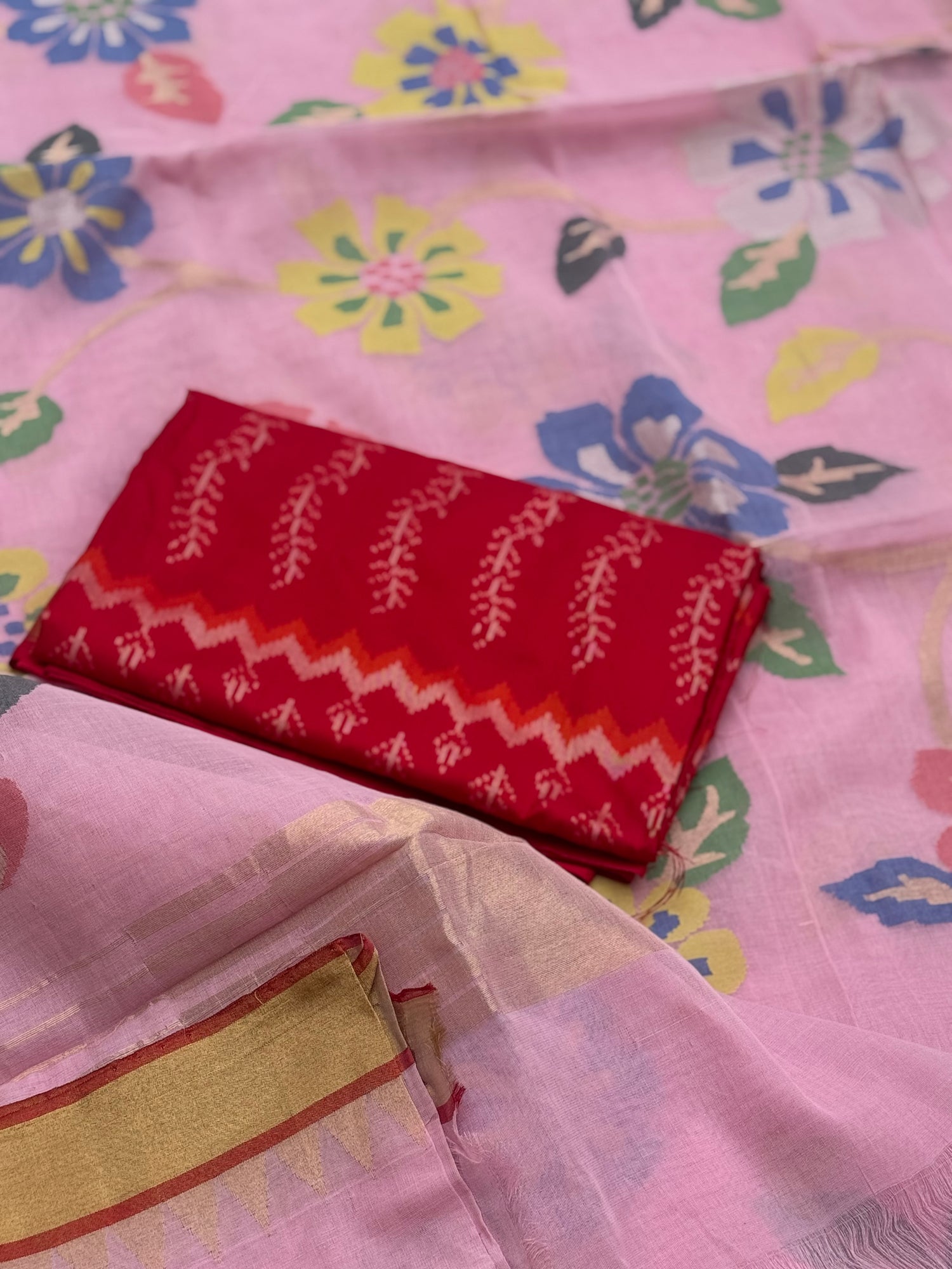 Peony pink Handspun Ponduru Khadi cotton saree pallu and blouse full jaal jamdani saree