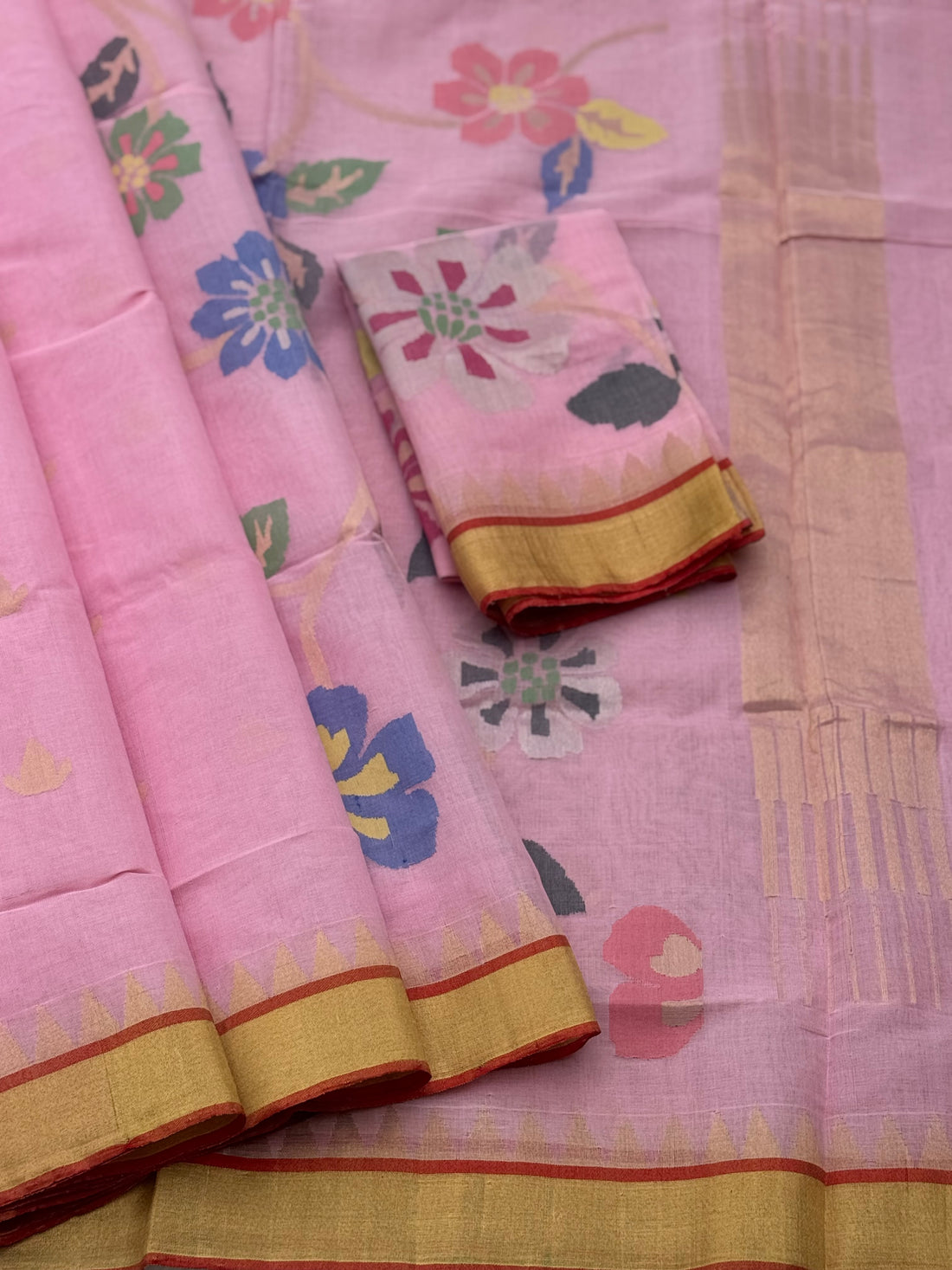 Peony pink Handspun Ponduru Khadi cotton saree pallu and blouse full jaal jamdani saree