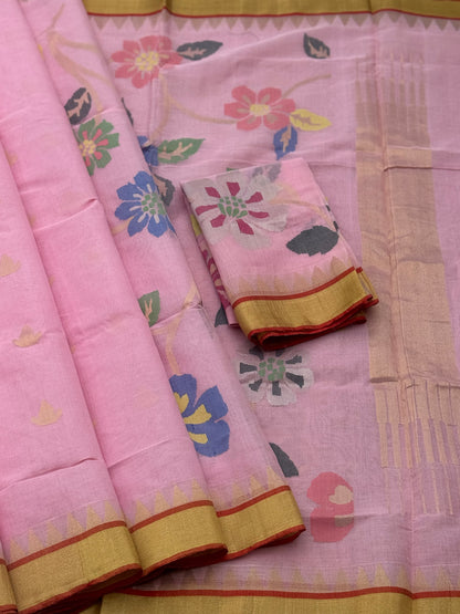 Peony pink Handspun Ponduru Khadi cotton saree pallu and blouse full jaal jamdani saree
