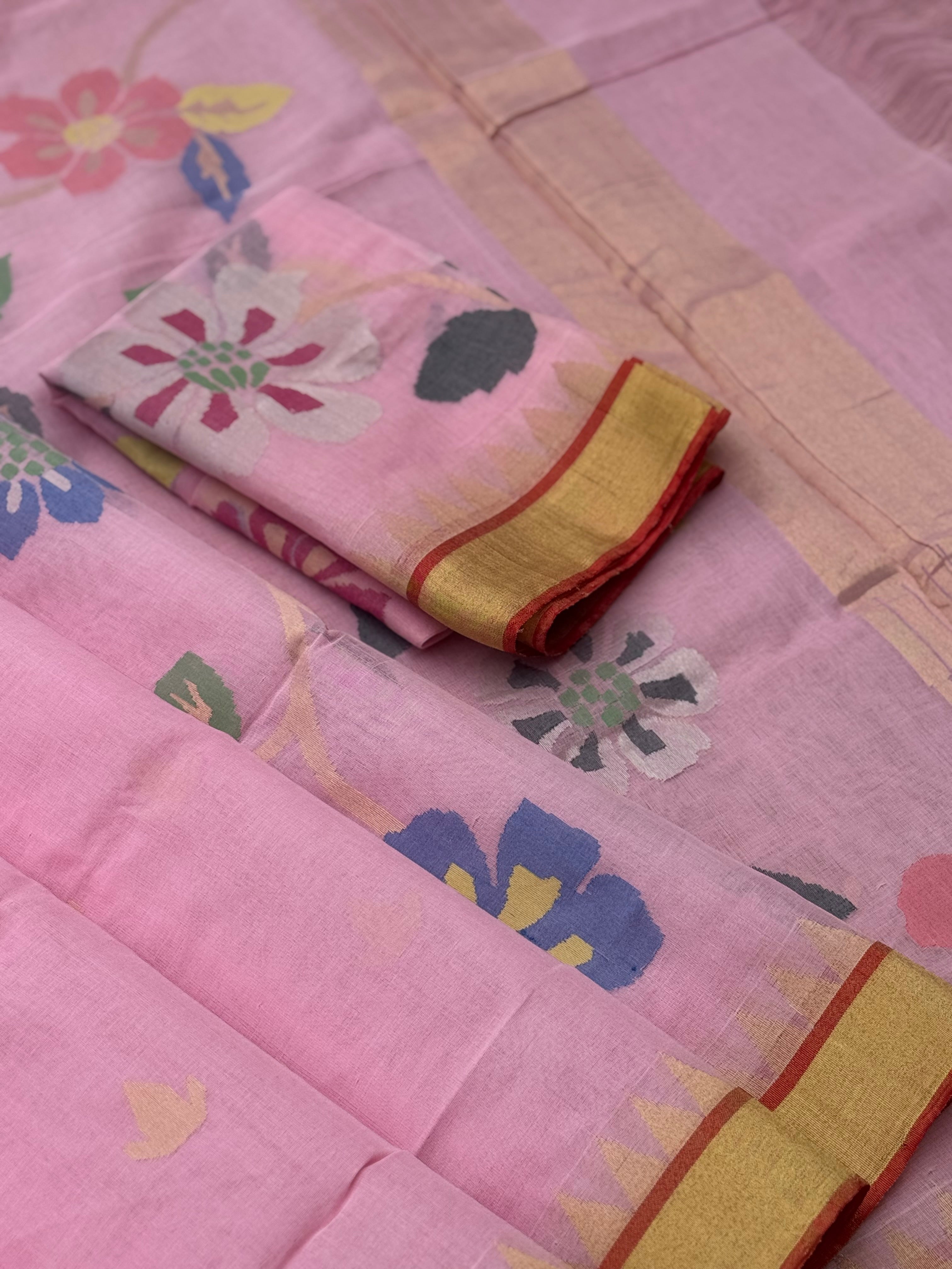 Peony pink Handspun Ponduru Khadi cotton saree pallu and blouse full jaal jamdani saree