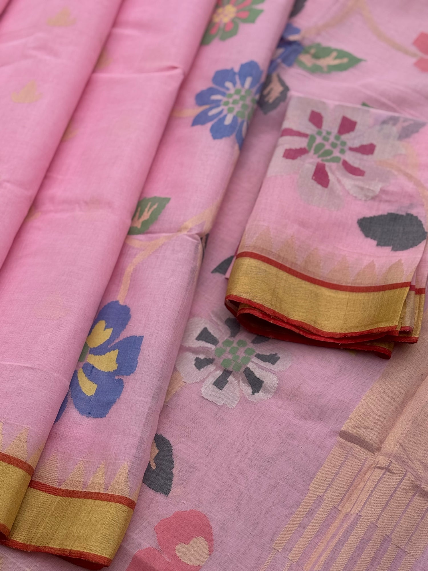 Peony pink Handspun Ponduru Khadi cotton saree pallu and blouse full jaal jamdani saree