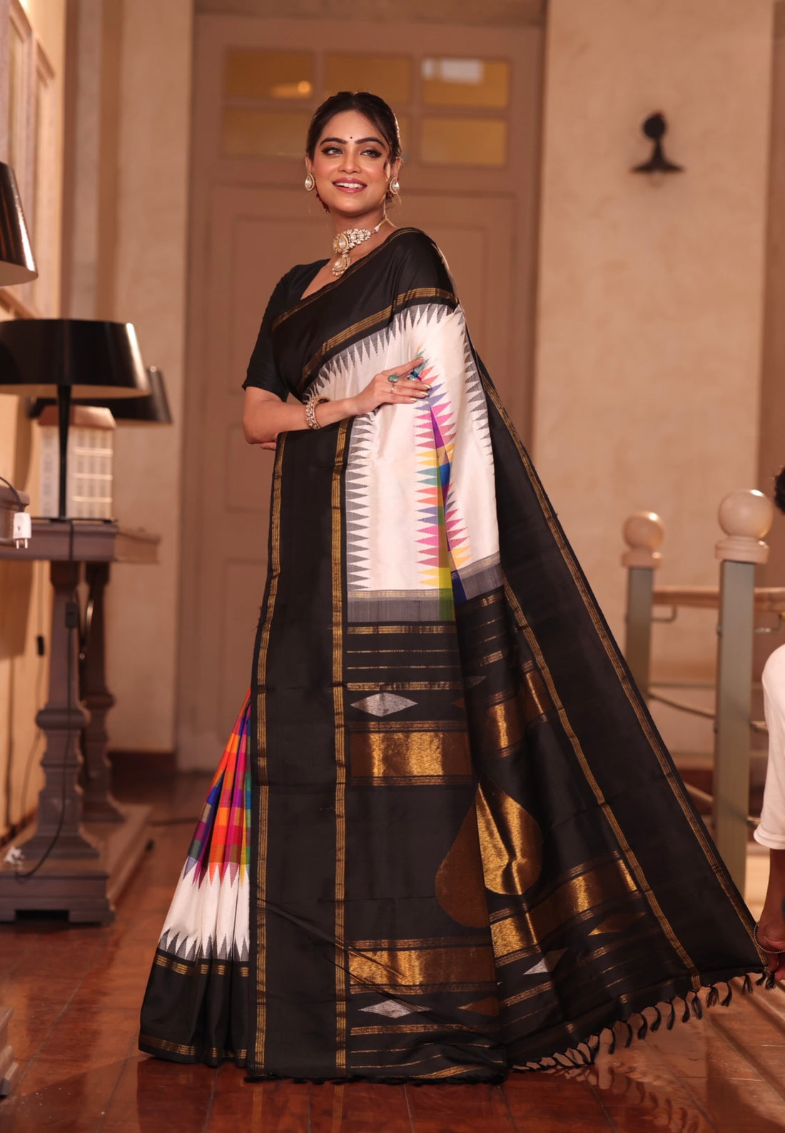 An exquisite masterpiece stunner 36 shade 4 korvai kanchivaram silk saree with 36 colour 4 shuttle weave double korvai temple rekku border