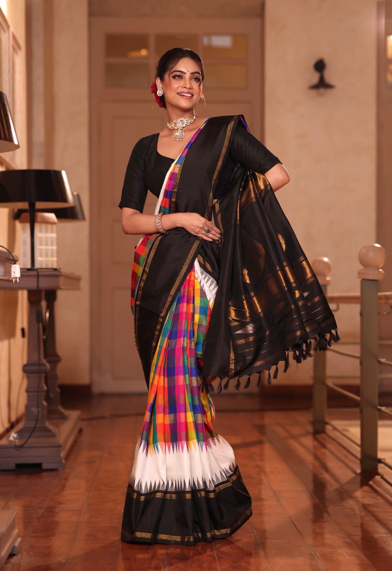 An exquisite masterpiece stunner 36 shade 4 korvai kanchivaram silk saree with 36 colour 4 shuttle weave double korvai temple rekku border