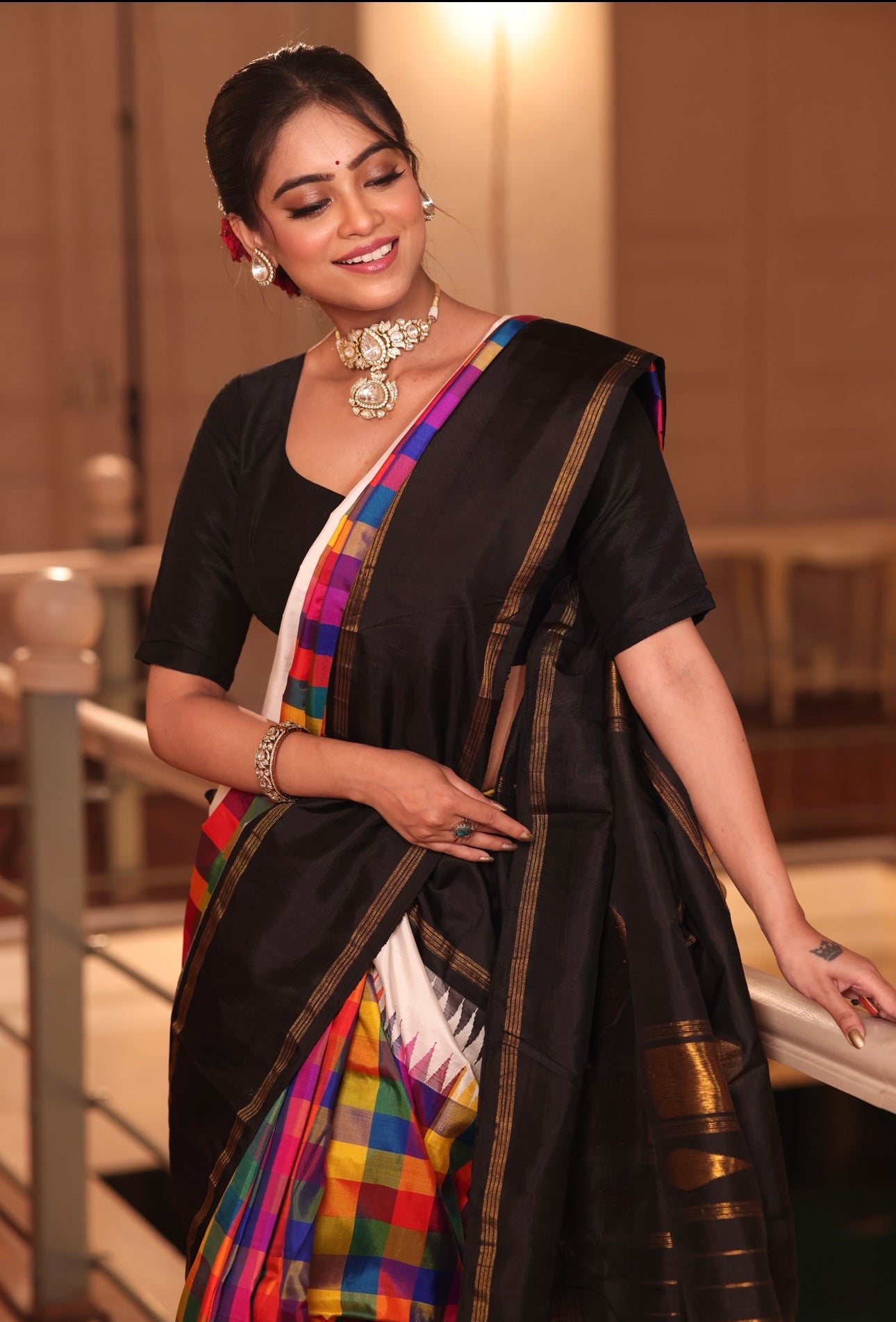 An exquisite masterpiece stunner 36 shade 4 korvai kanchivaram silk saree with 36 colour 4 shuttle weave double korvai temple rekku border