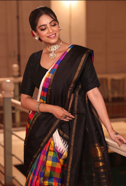 An exquisite masterpiece stunner 36 shade 4 korvai kanchivaram silk saree with 36 colour 4 shuttle weave double korvai temple rekku border