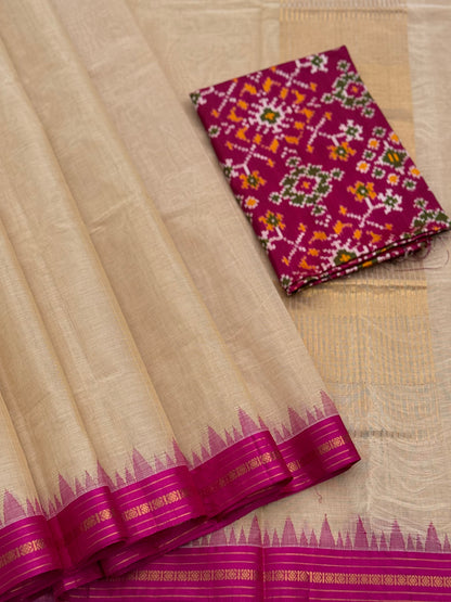 Handspun and handwoven ponduru Khadhi cotton saree with silk dobby border in contrast pink