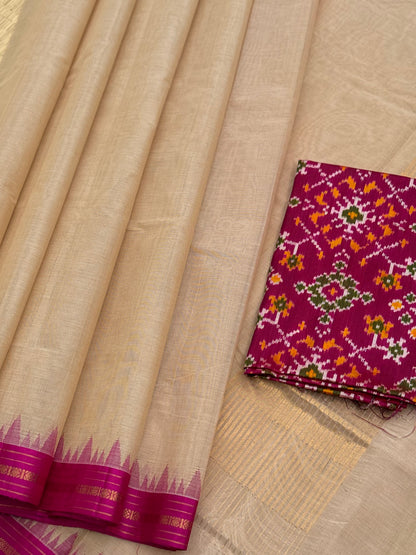 Handspun and handwoven ponduru Khadhi cotton saree with silk dobby border in contrast pink