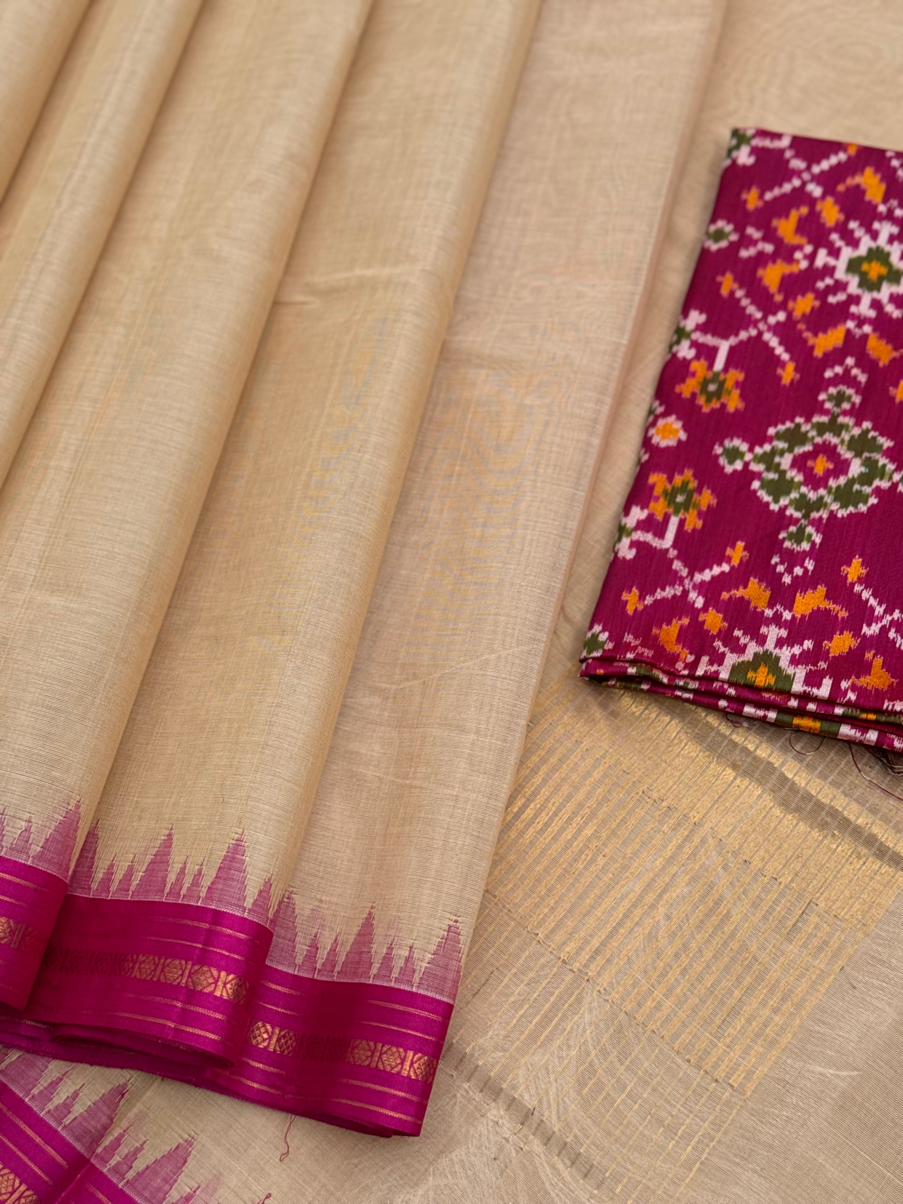 Handspun and handwoven ponduru Khadhi cotton saree with silk dobby border in contrast pink