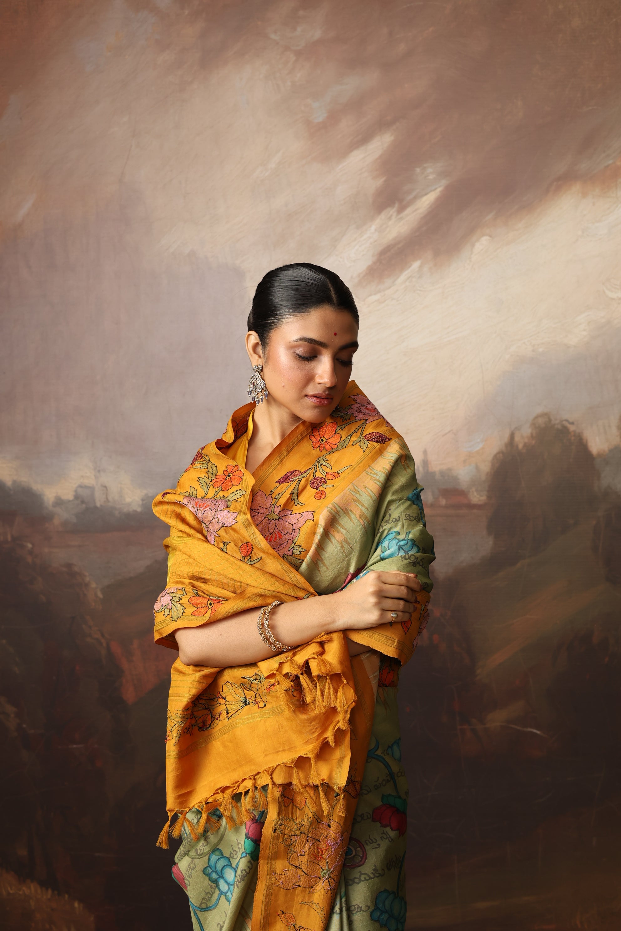 A Stunner Ramayana penkalamkari scripts with Kathawork border kanchivaram silk saree