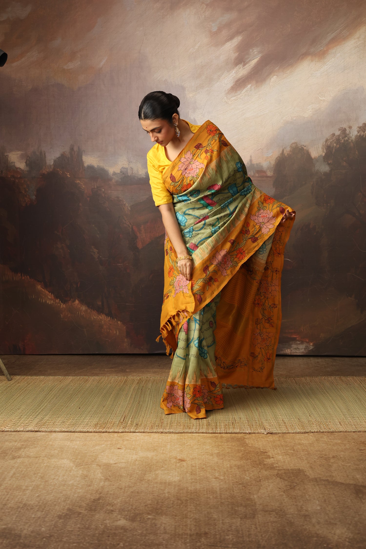 A Stunner Ramayana penkalamkari scripts with Kathawork border kanchivaram silk saree