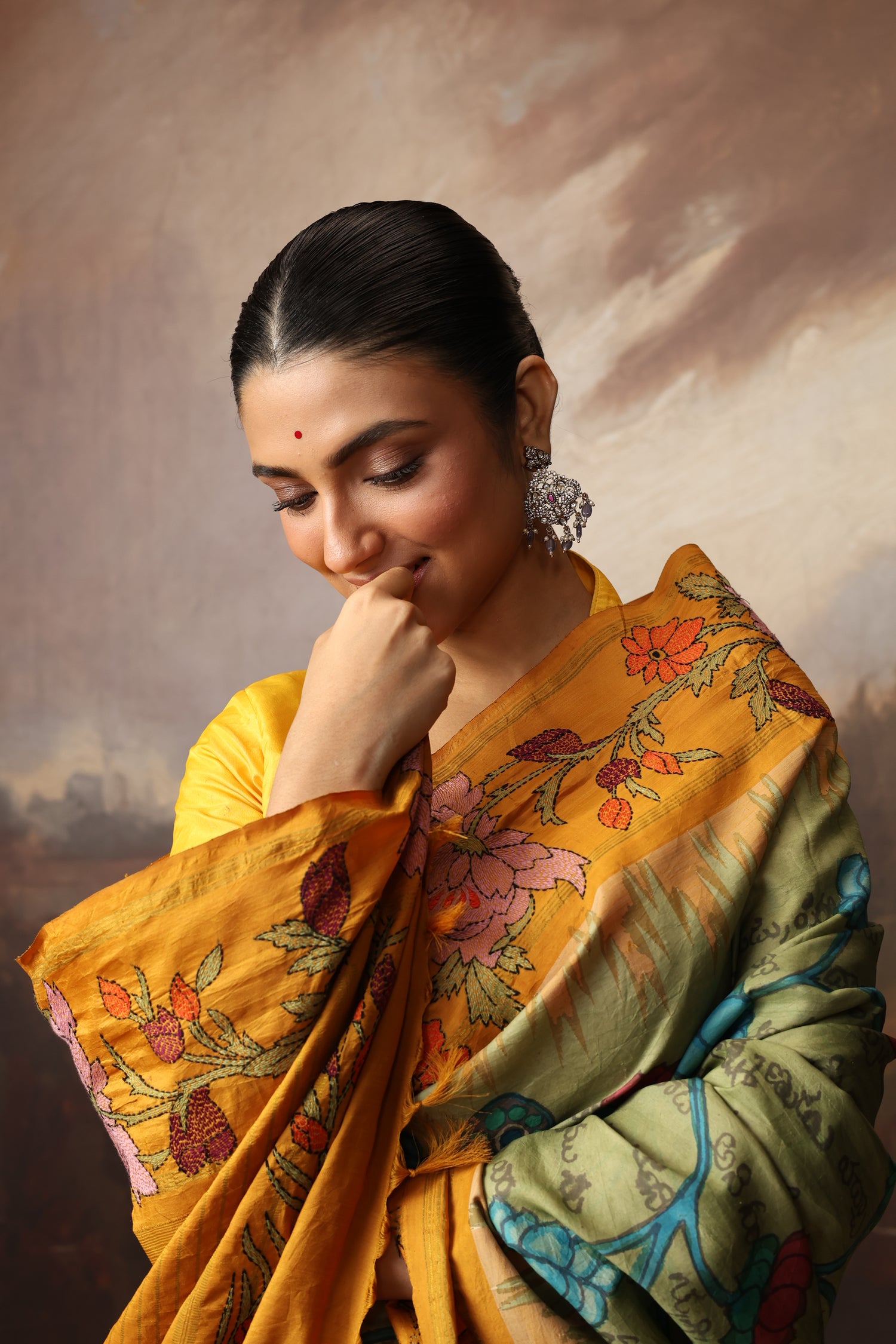 A Stunner Ramayana penkalamkari scripts with Kathawork border kanchivaram silk saree