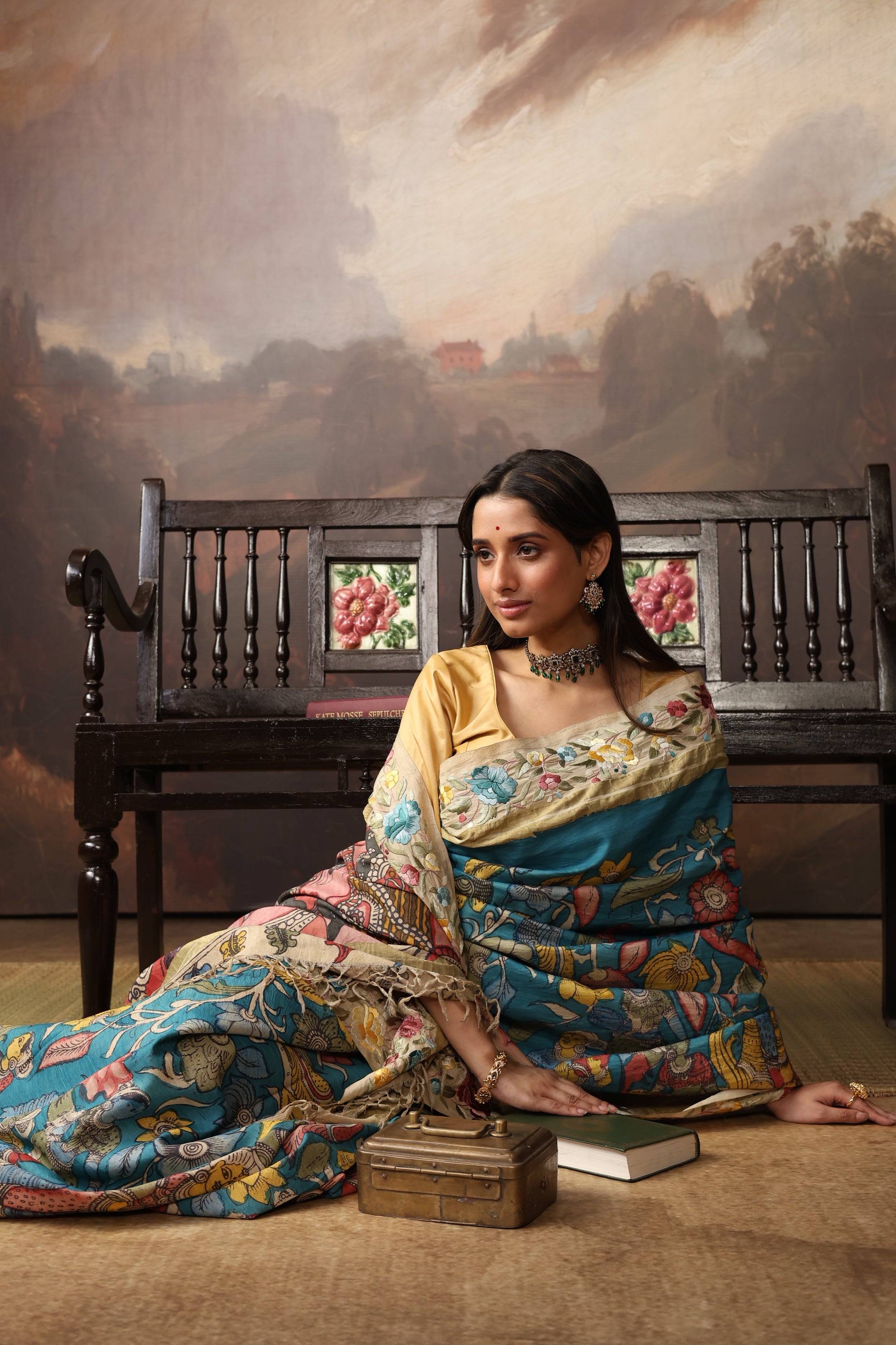 A masterpiece fusion of authentic Parsigara Handdrawn handpainted nayaka inspired penkalamkari on mulberry silk