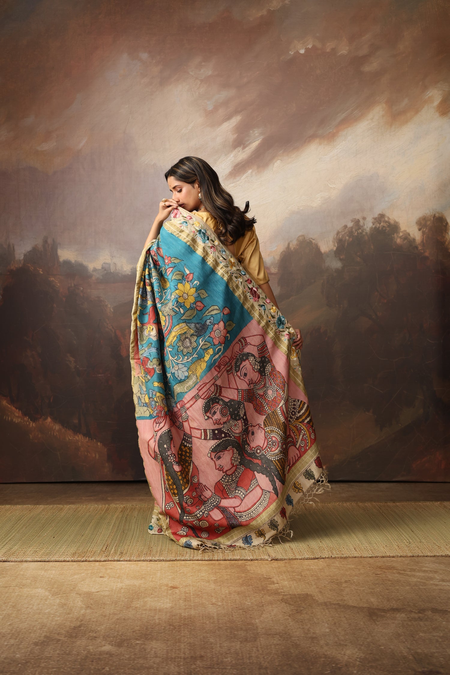 A masterpiece fusion of authentic Parsigara Handdrawn handpainted nayaka inspired penkalamkari on mulberry silk