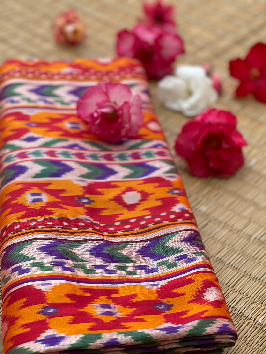 NARUVI A Multicoloured double pallu with Zari pinstripes Ikkat designer Exclusive Masterpiece Saree