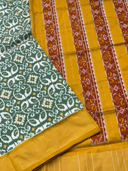 Single Ikkat silk saree with green and mustard yellow