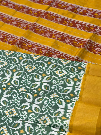 Single Ikkat silk saree with green and mustard yellow