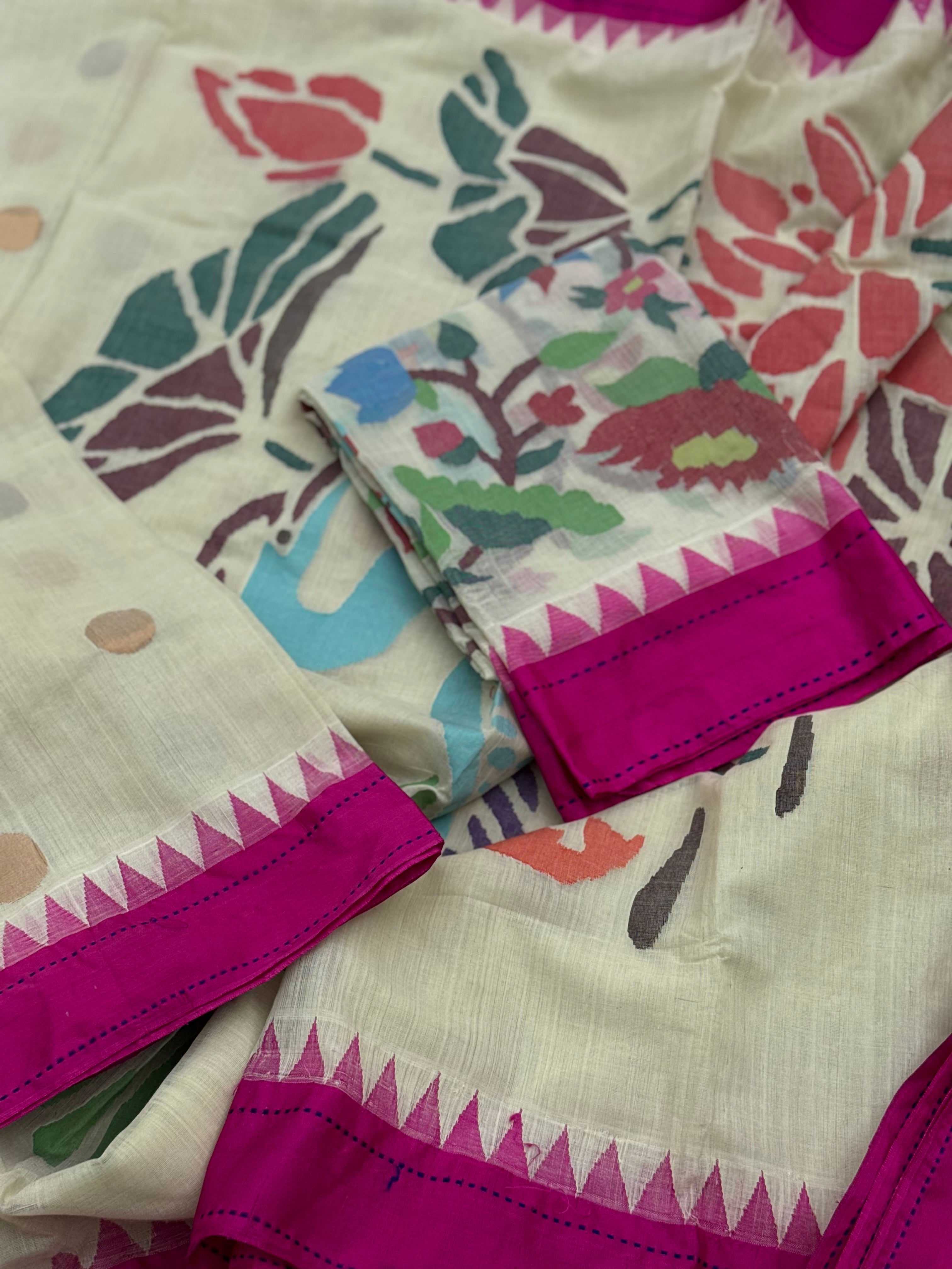 Ivory with deep pink lotus pond and florals jamdani motifs ponduru Khadhi jamdani saree
