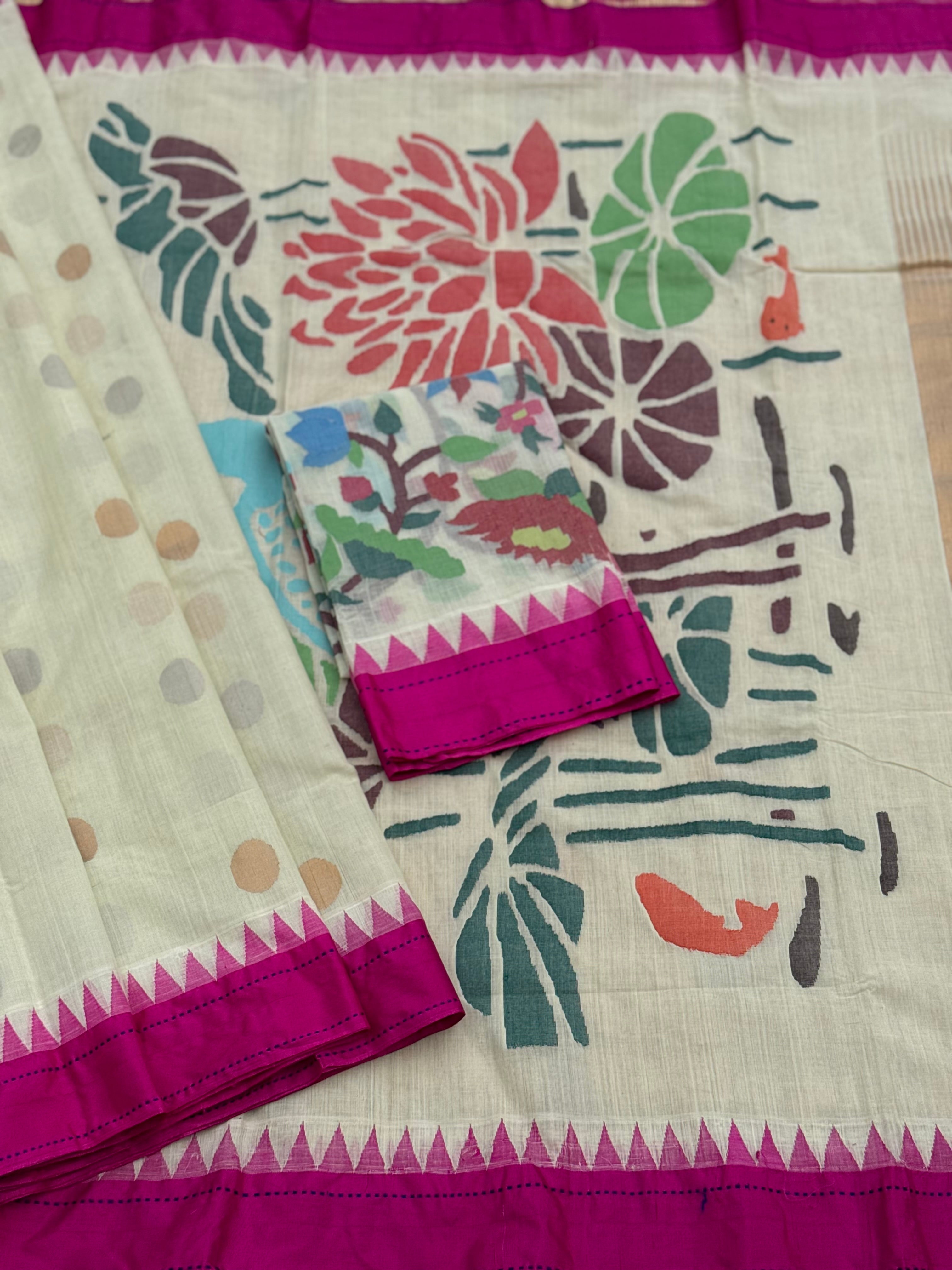 Ivory with deep pink lotus pond and florals jamdani motifs ponduru Khadhi jamdani saree