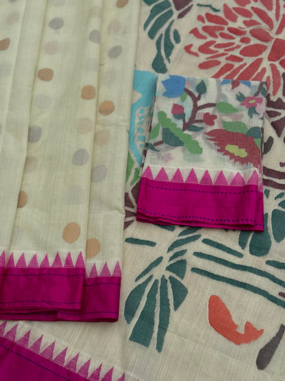 Ivory with deep pink lotus pond and florals jamdani motifs ponduru Khadhi jamdani saree