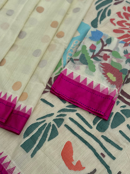 Ivory with deep pink lotus pond and florals jamdani motifs ponduru Khadhi jamdani saree