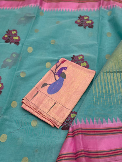 Pastel blue with peony pink bouquet of flowers jamdani motifs ponduru Khadhi jamdani saree