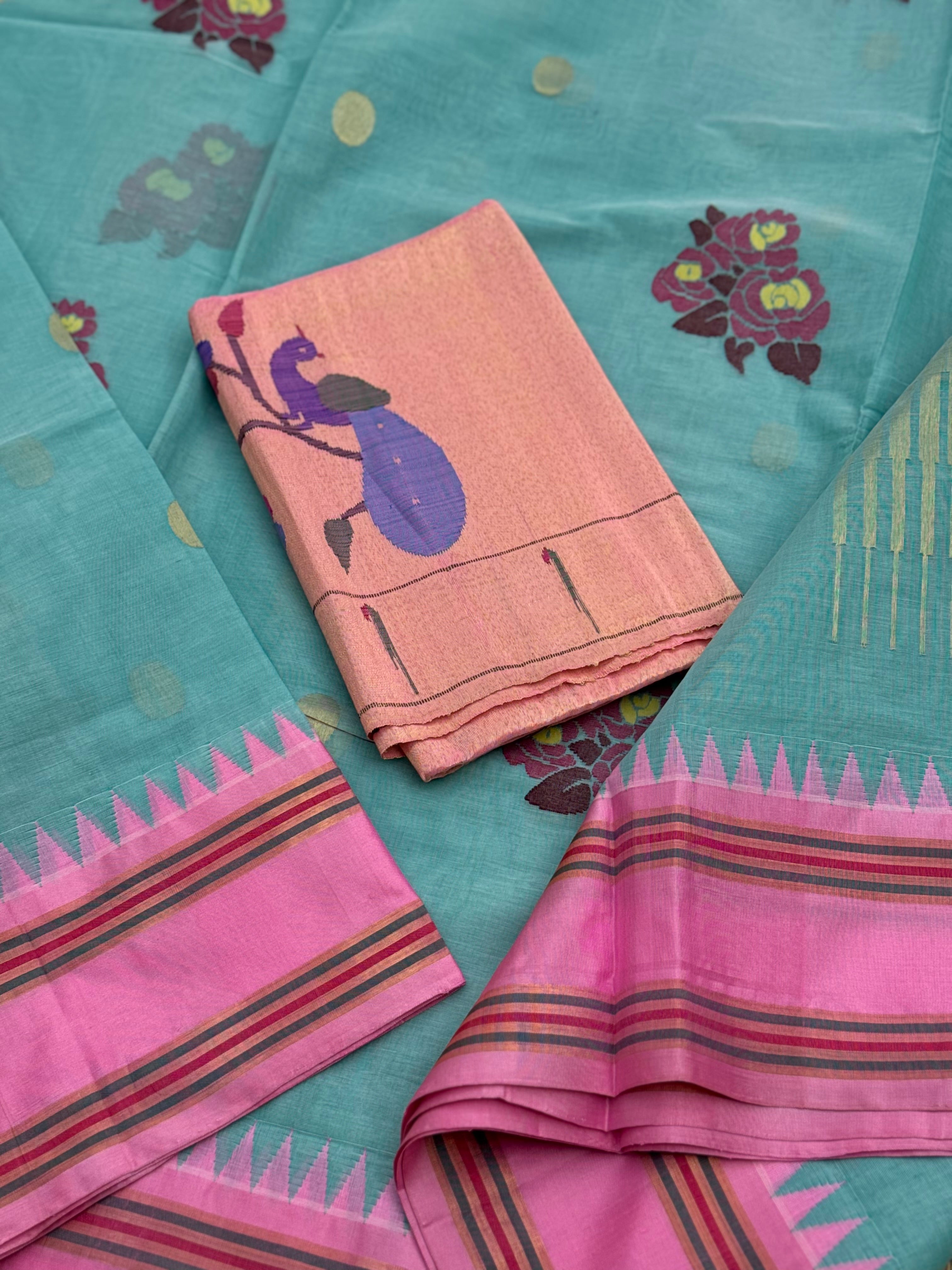 Pastel blue with peony pink bouquet of flowers jamdani motifs ponduru Khadhi jamdani saree