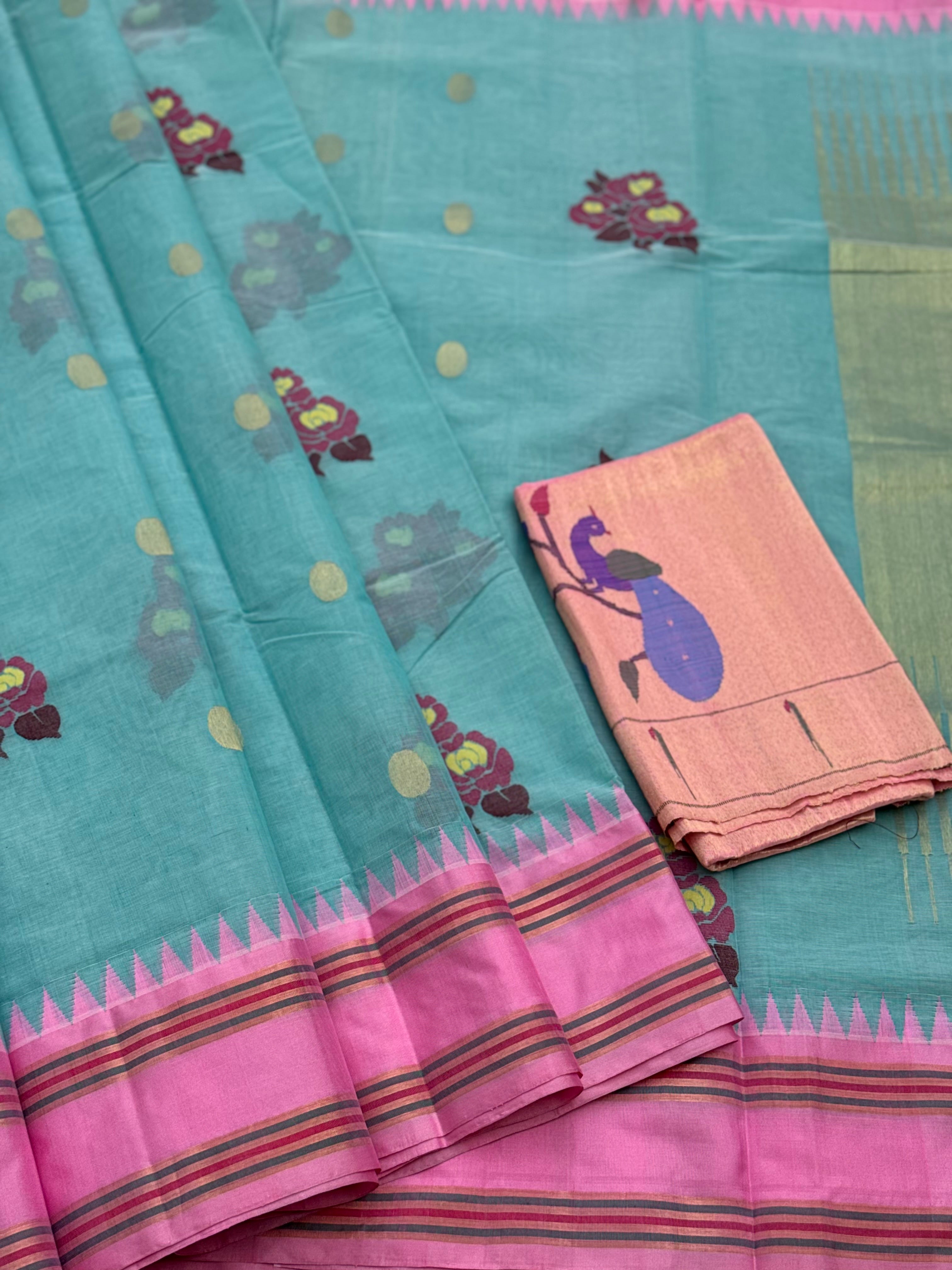 Pastel blue with peony pink bouquet of flowers jamdani motifs ponduru Khadhi jamdani saree