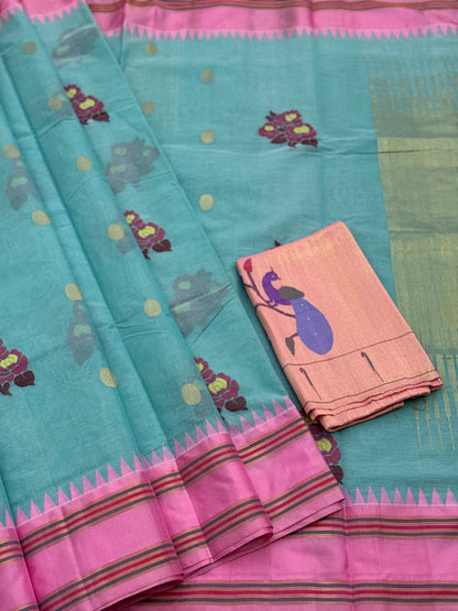 Pastel blue with peony pink bouquet of flowers jamdani motifs ponduru Khadhi jamdani saree