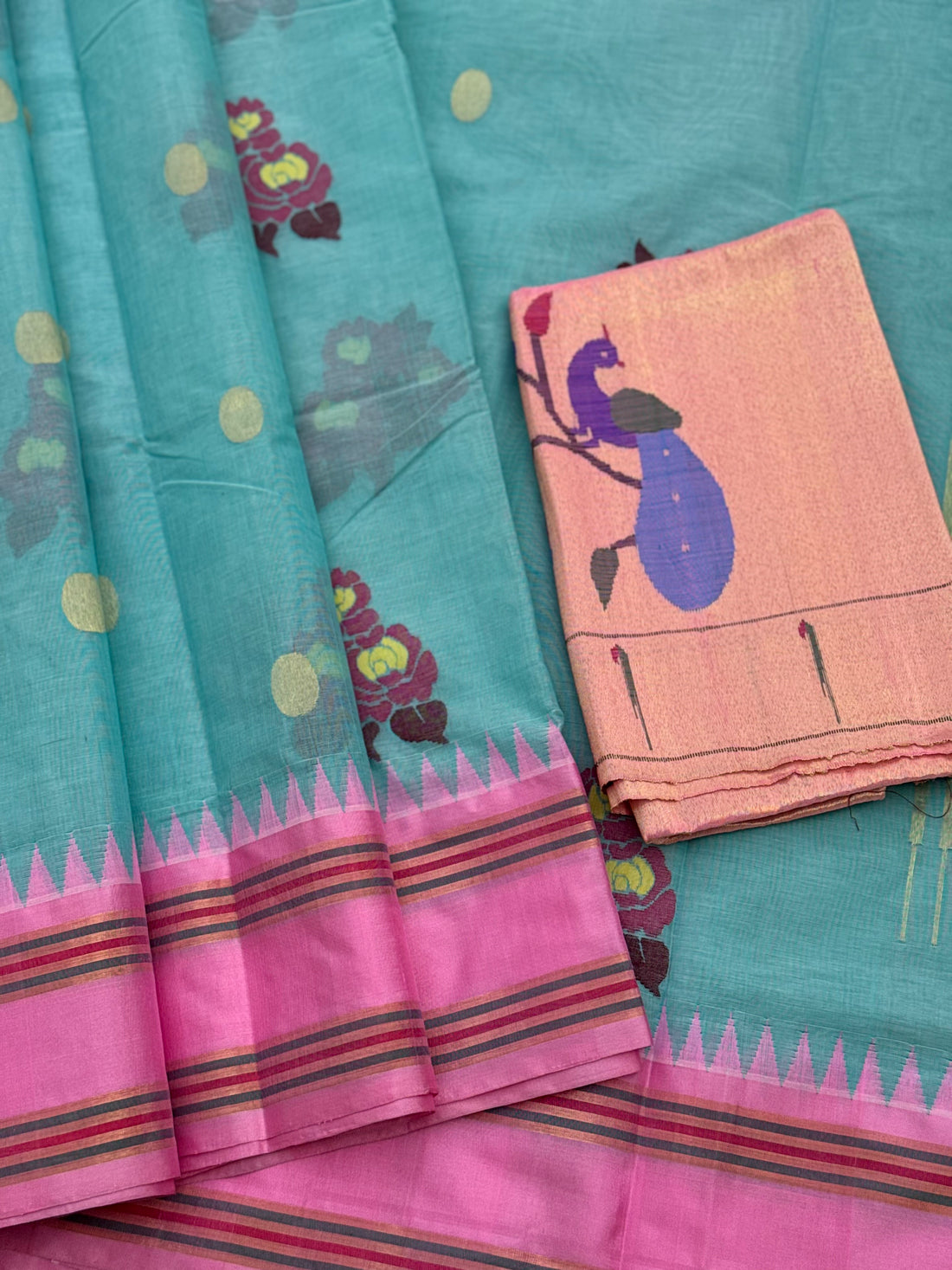 Pastel blue with peony pink bouquet of flowers jamdani motifs ponduru Khadhi jamdani saree