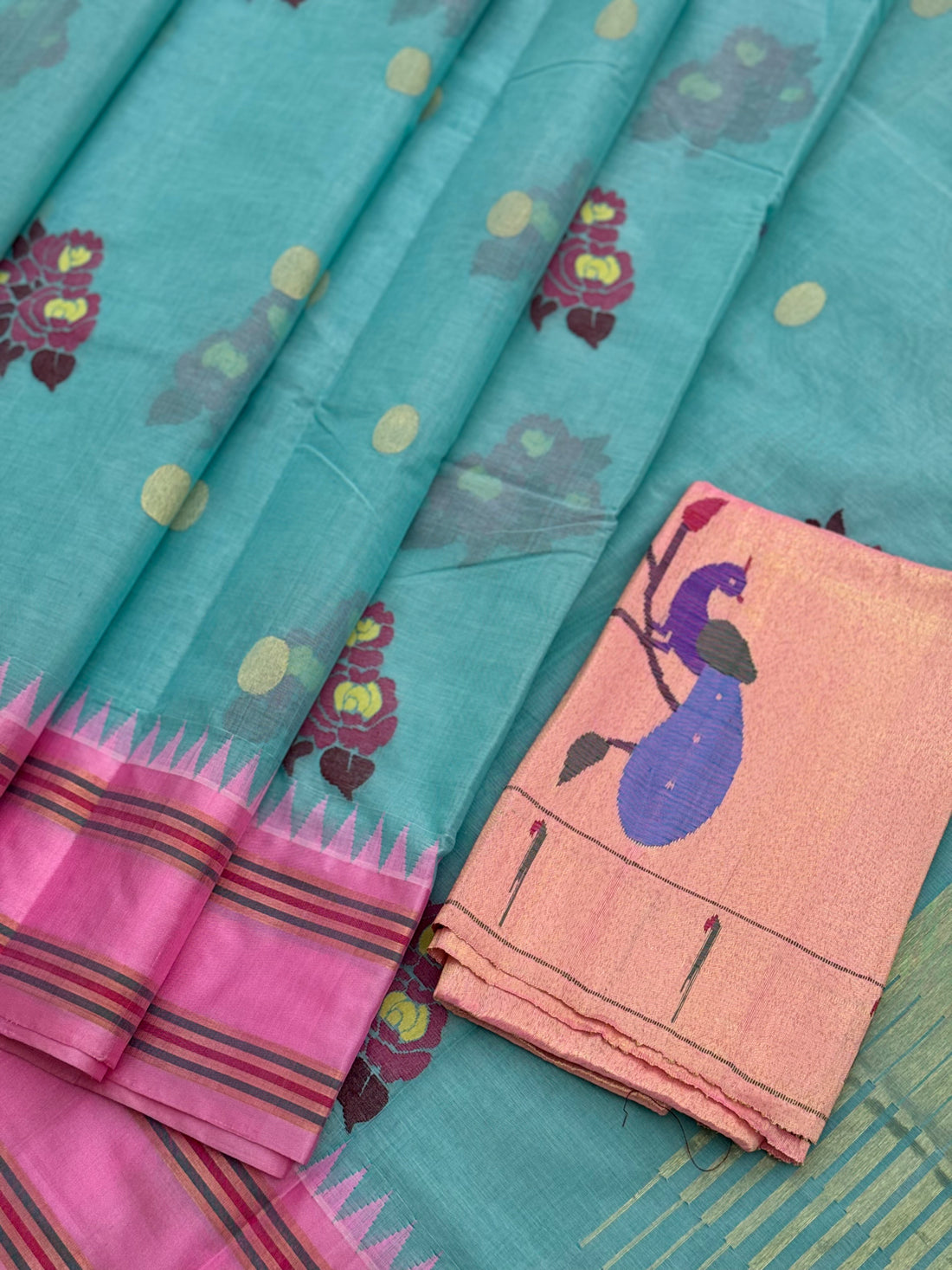Pastel blue with peony pink bouquet of flowers jamdani motifs ponduru Khadhi jamdani saree