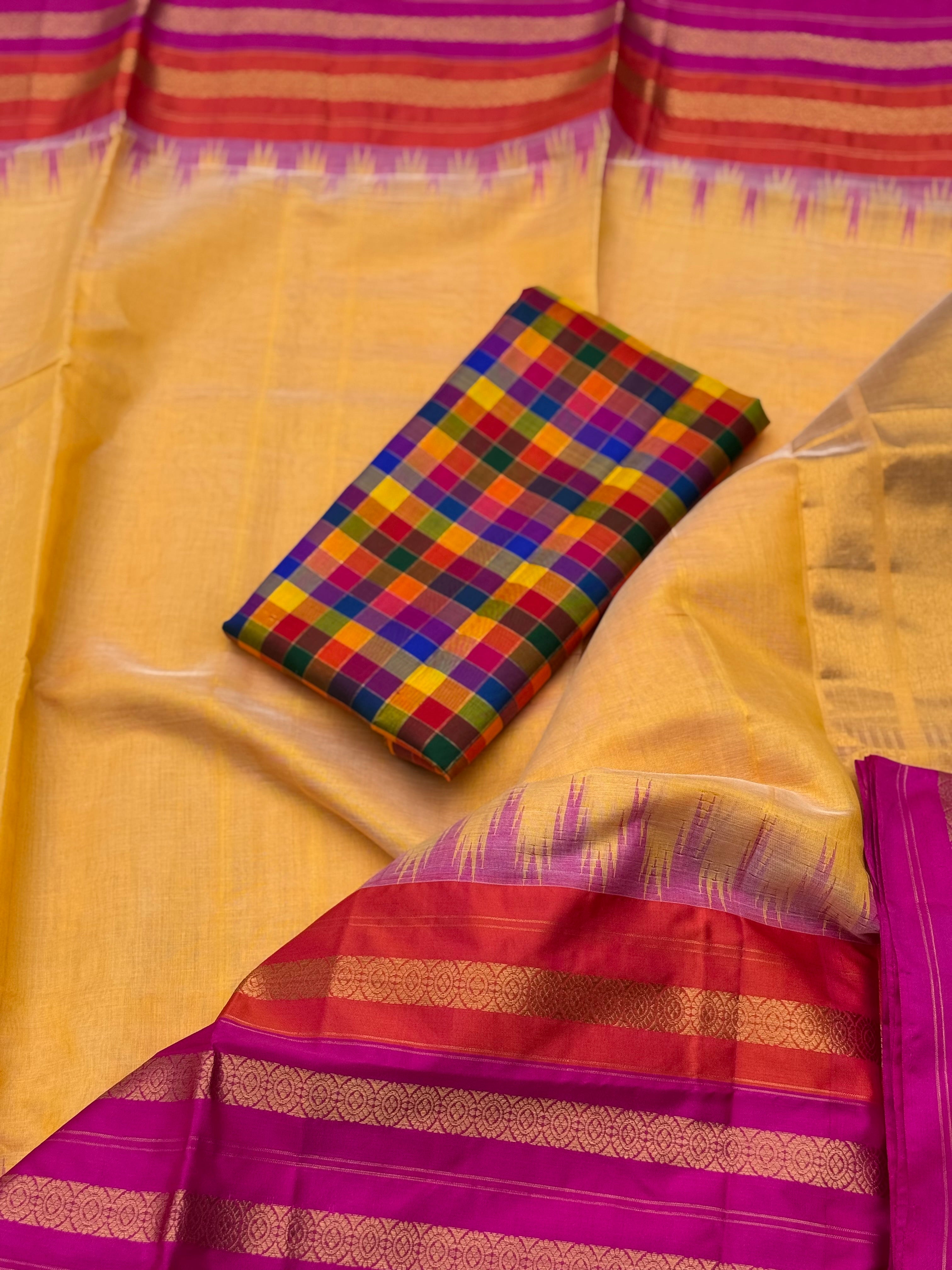 Handspun and handwoven ponduru Khadhi silk saree with silk border in contrast orange pink