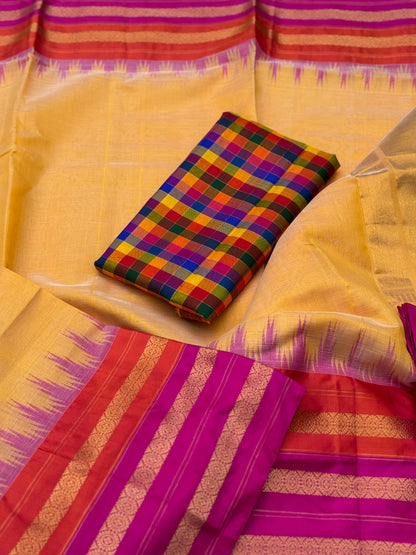 Handspun and handwoven ponduru Khadhi silk saree with silk border in contrast orange pink