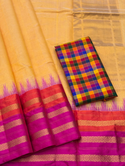 Handspun and handwoven ponduru Khadhi silk saree with silk border in contrast orange pink