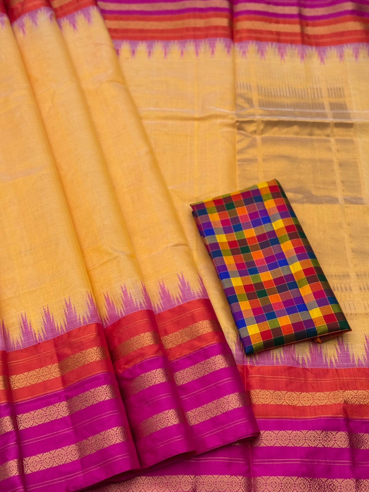 Handspun and handwoven ponduru Khadhi silk saree with silk border in contrast orange pink