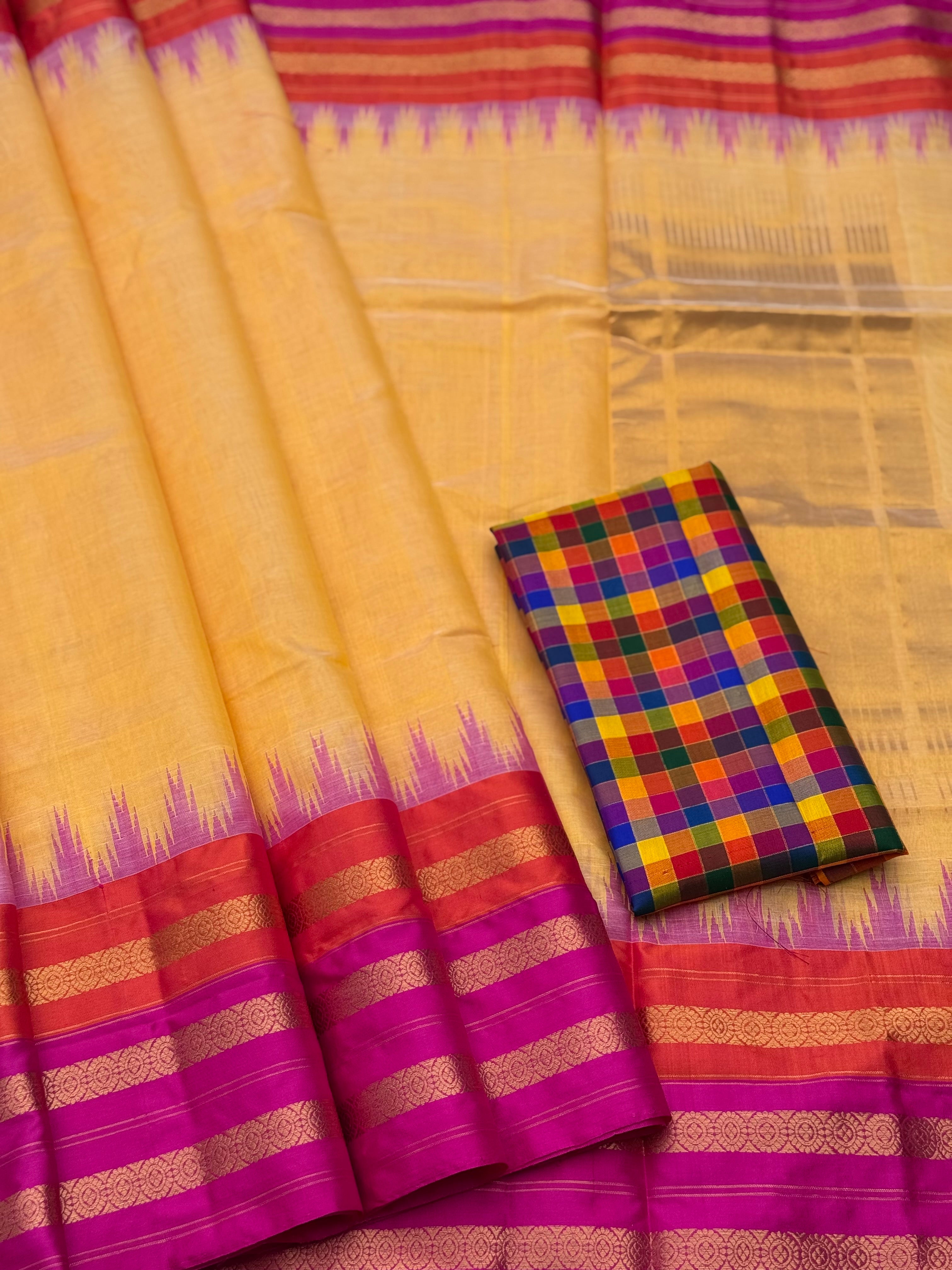 Handspun and handwoven ponduru Khadhi silk saree with silk border in contrast orange pink
