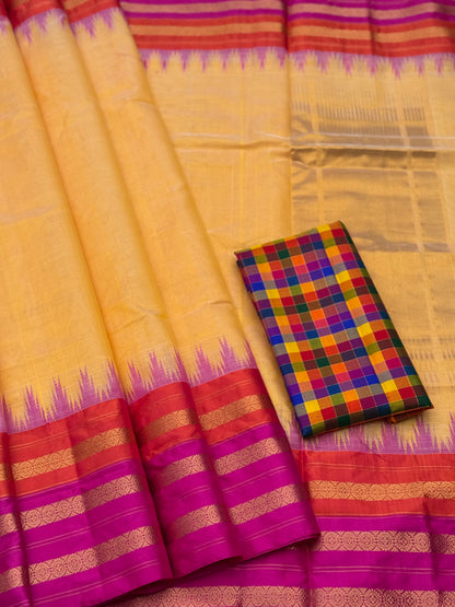 Handspun and handwoven ponduru Khadhi silk saree with silk border in contrast orange pink