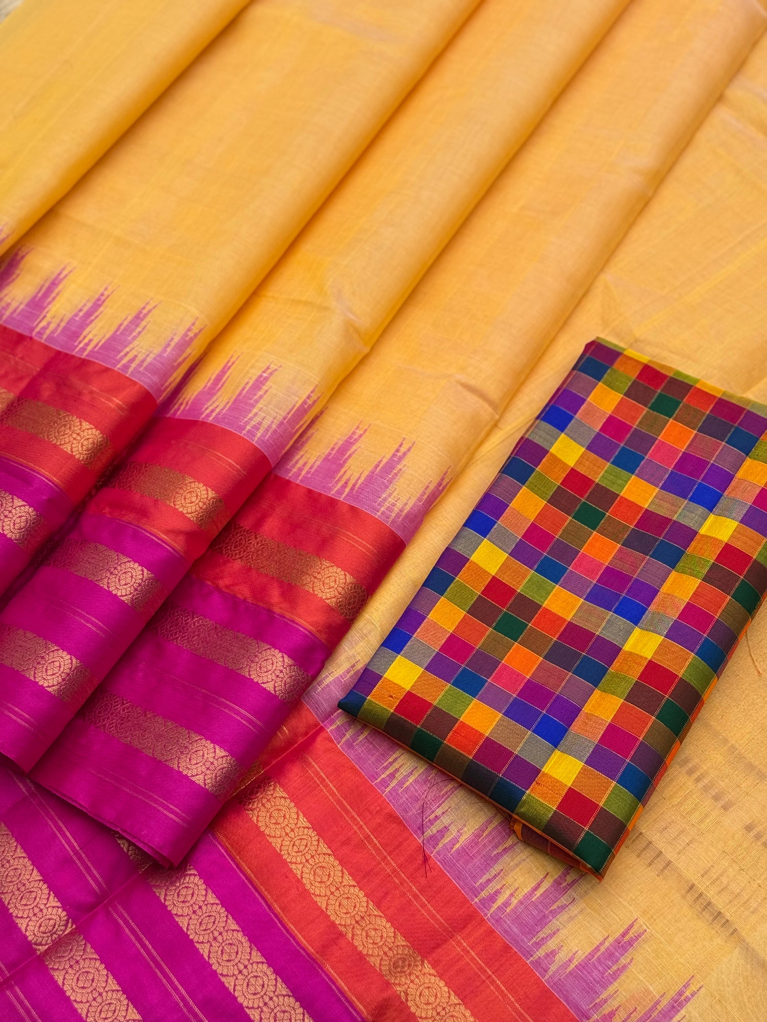 Handspun and handwoven ponduru Khadhi silk saree with silk border in contrast orange pink