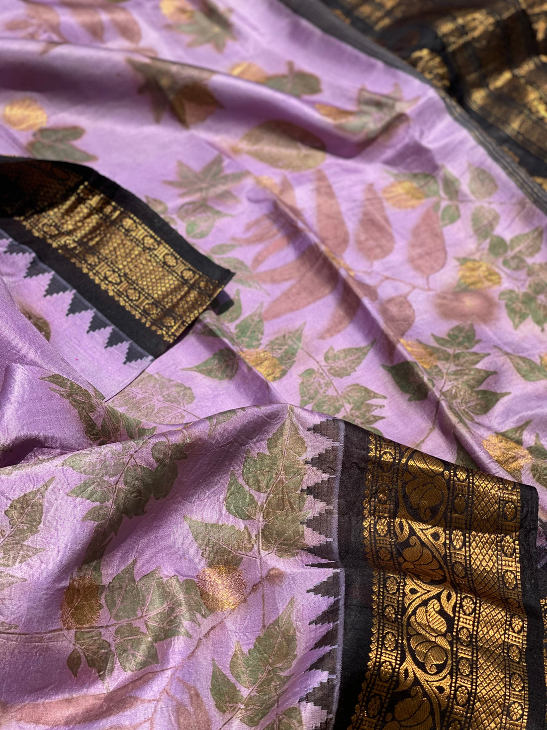 A Lavender with black Natural Handmade Ecoprints Gadwal silk saree