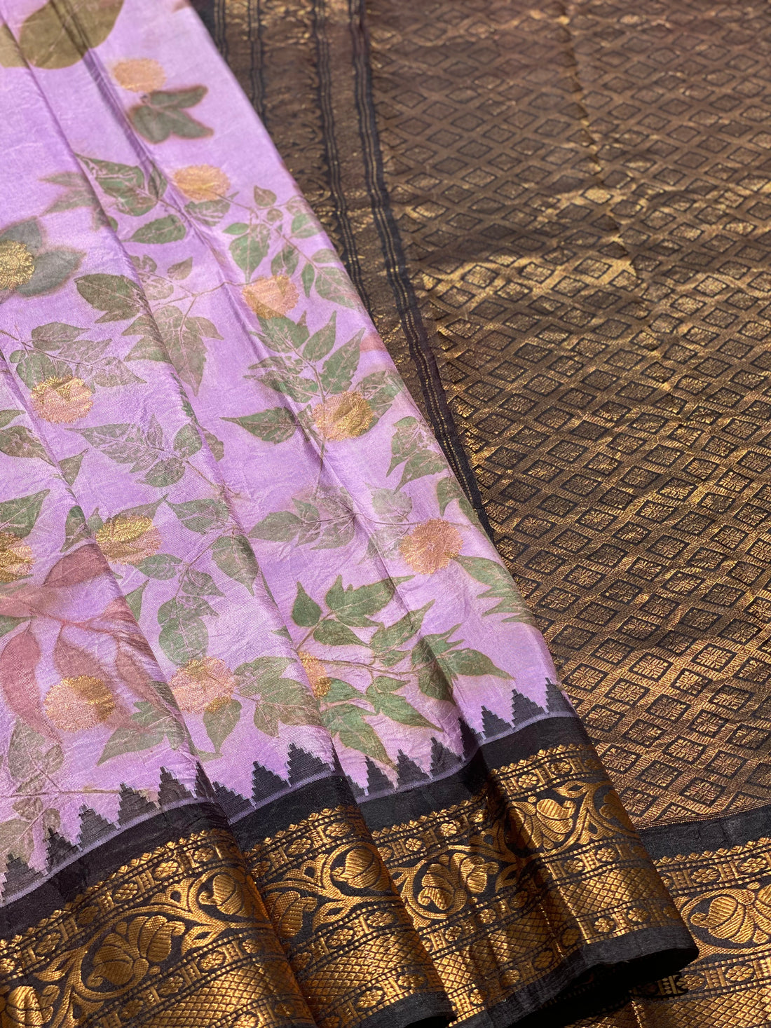 A Lavender with black Natural Handmade Ecoprints Gadwal silk saree