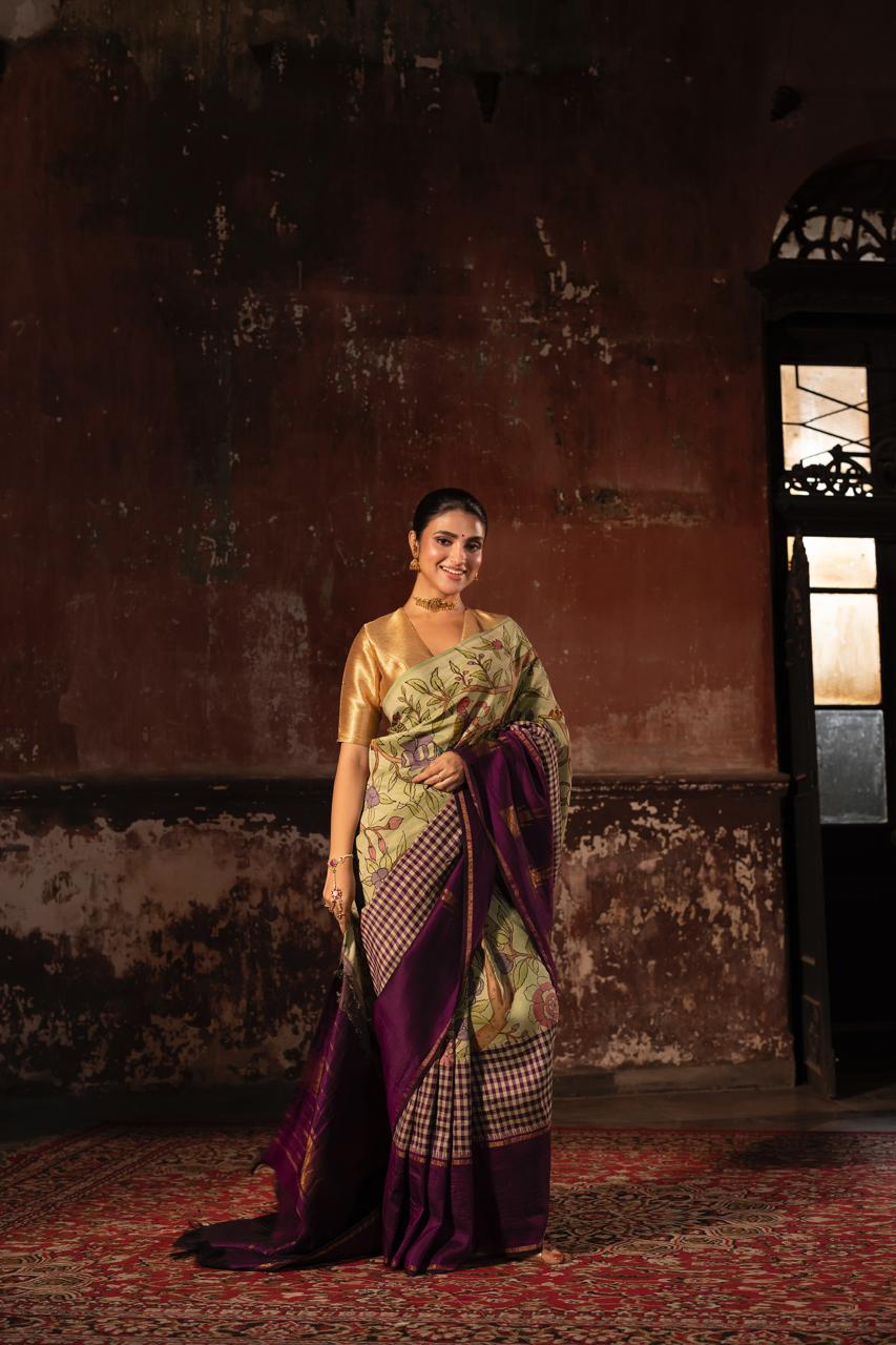 Masterpiece Pattani kattam double korvai kanchivaram silk saree Handdrawn handpainted penkalamkari