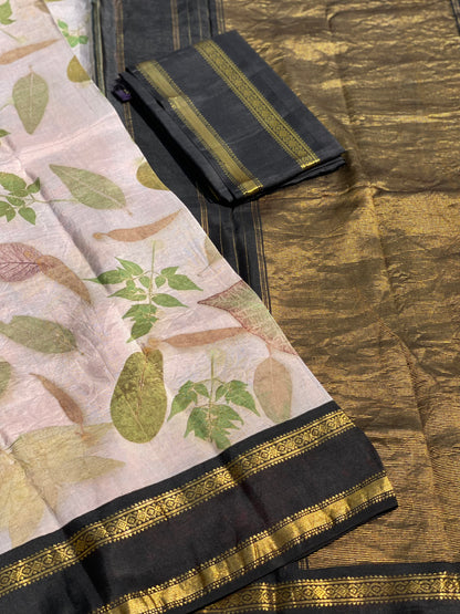 Natural EcoPrints Offwhite with black korvai kanchivaram silk saree