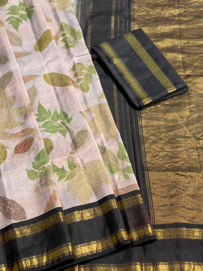 Natural EcoPrints Offwhite with black korvai kanchivaram silk saree