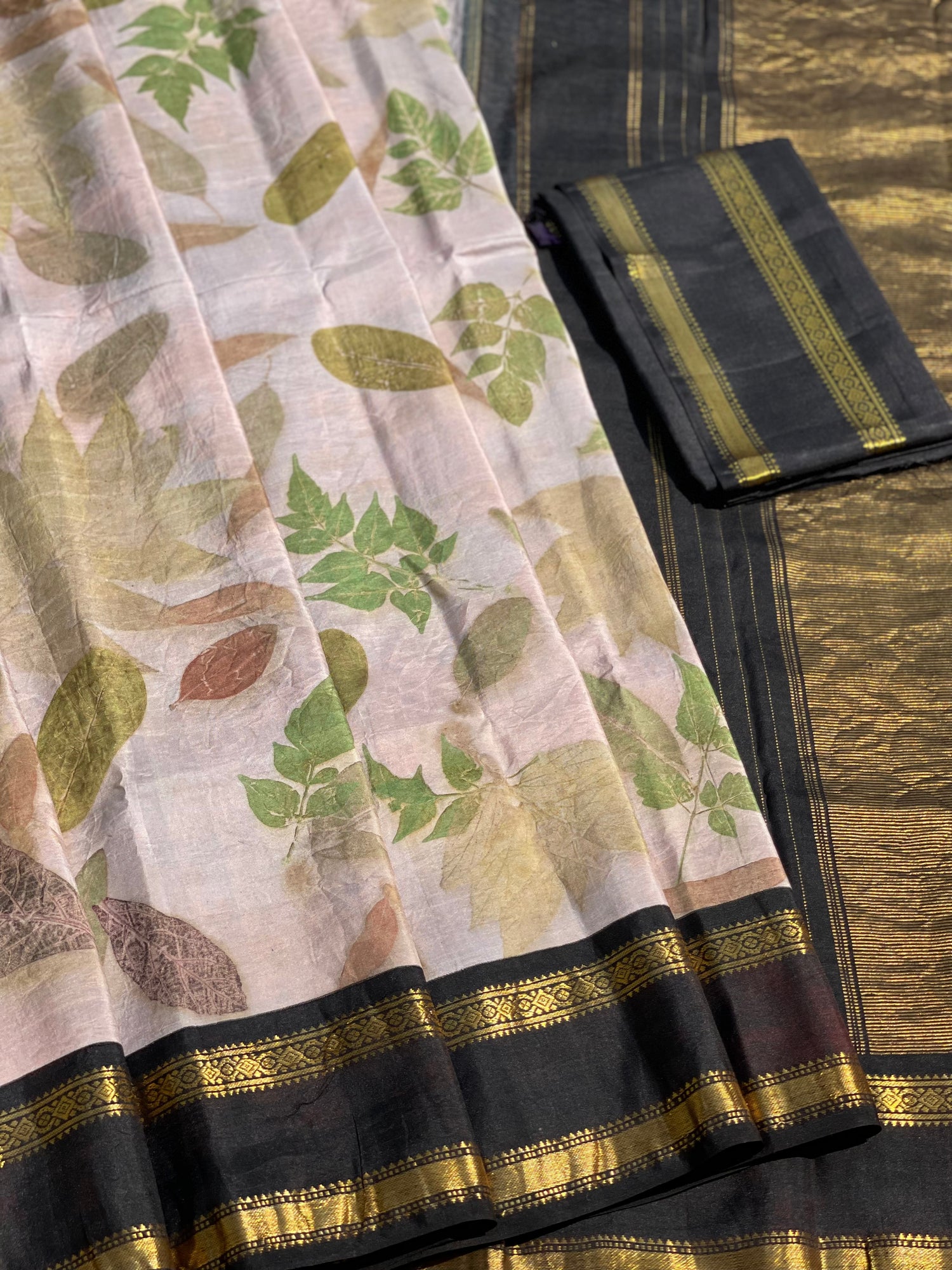 Natural EcoPrints Offwhite with black korvai kanchivaram silk saree